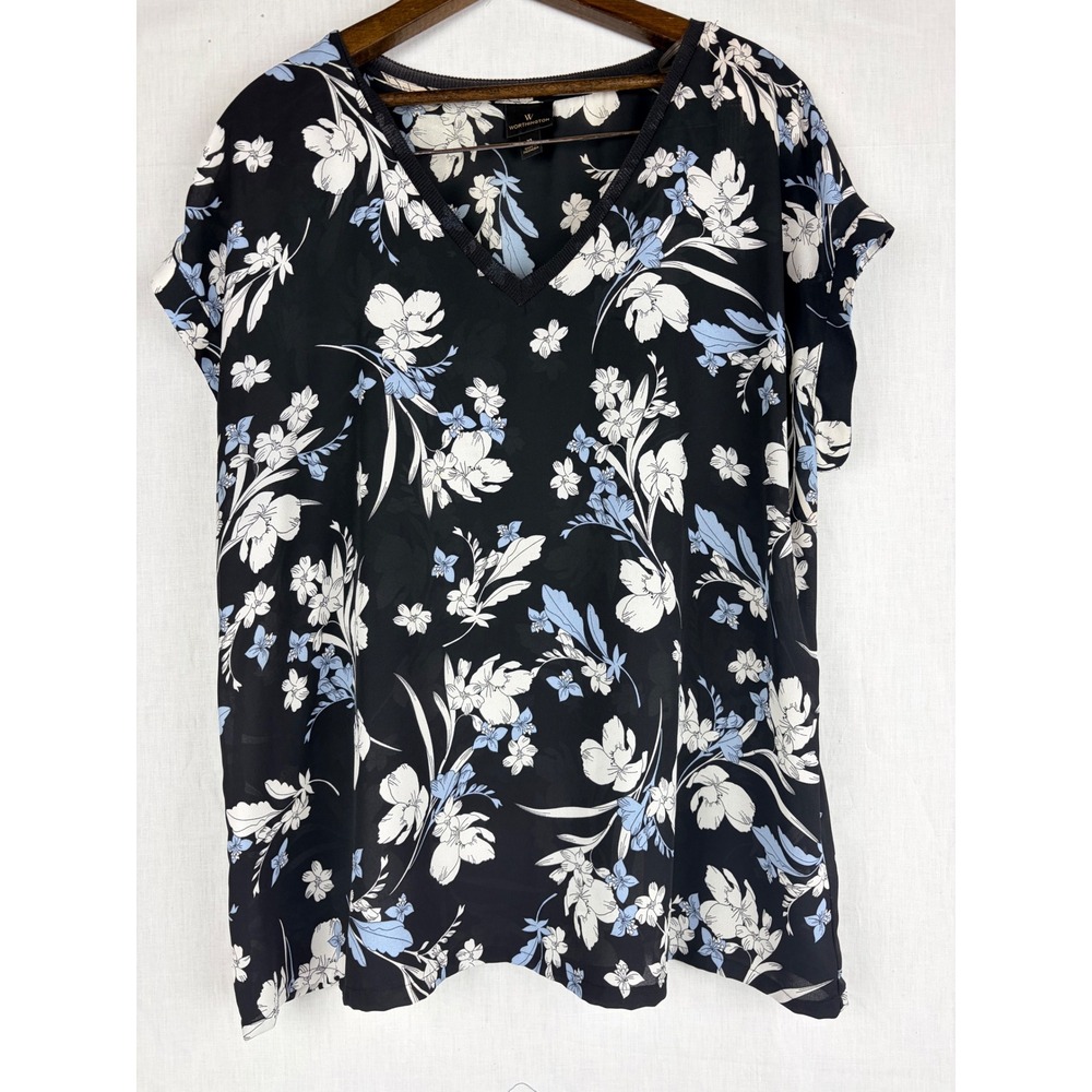 Worthington Black Floral V-Neck Short Sleeve Blouse XL Blue White Flower Print - Picture 2 of 13